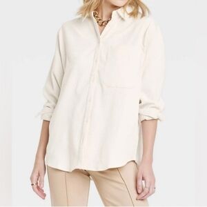 A New Day Women's Oversized Ribbed Courdroy Cream Button Up Shirt Size XS